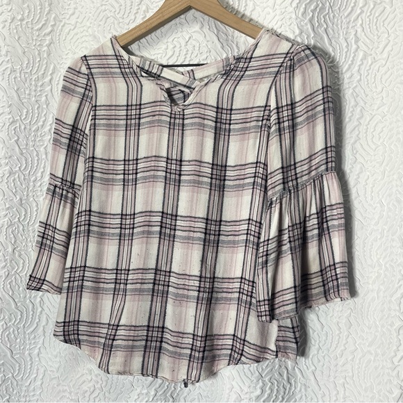 MOON & STARS Plaid Front Tie Cross Back Bell Sleeve Top - Picture 3 of 7